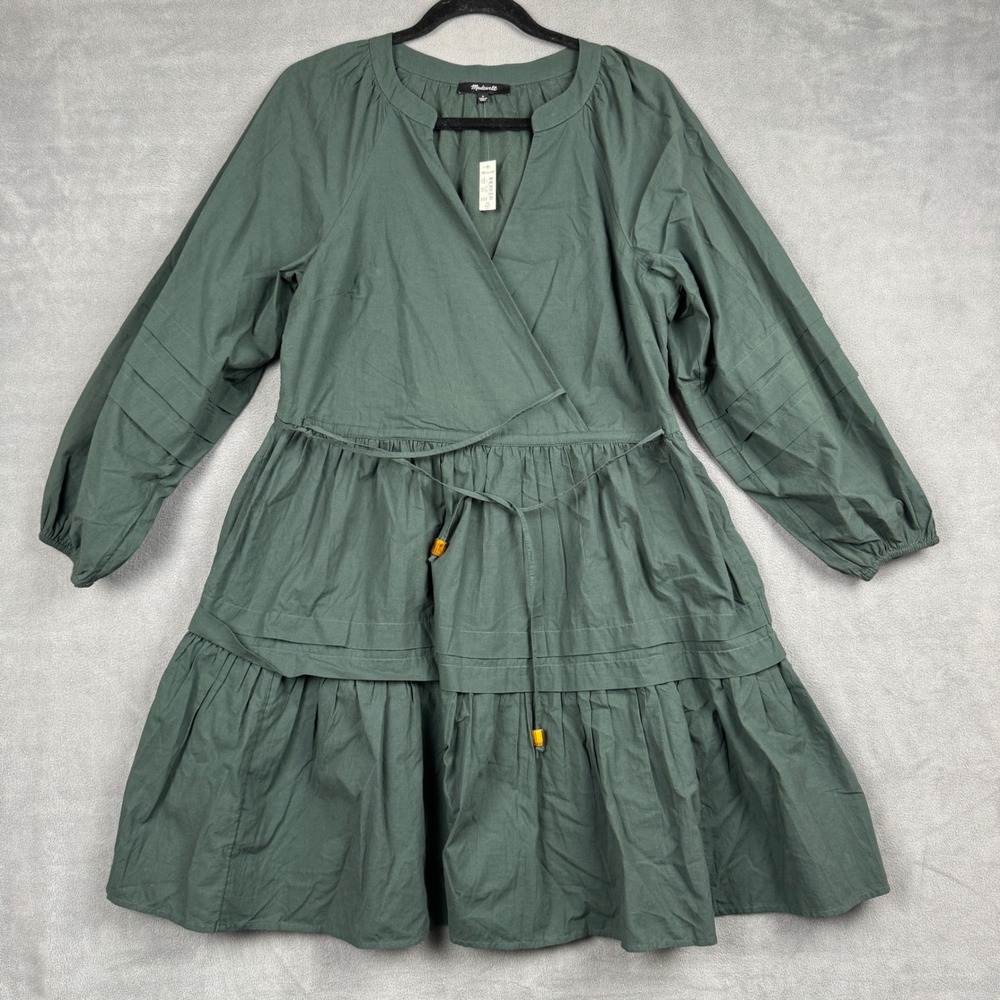 NWT Madewell Green Cotton Poplin Tiered Wrap Mini Dress NH093 Womens Small